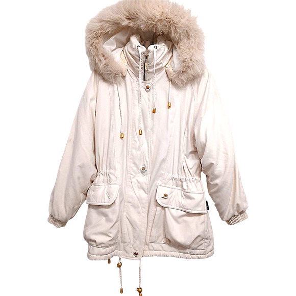 IZZI Rothschild FOX FUR Detachable Hood Parka Jacket Womens Size S Ivory Vintage - Picture 2 of 16